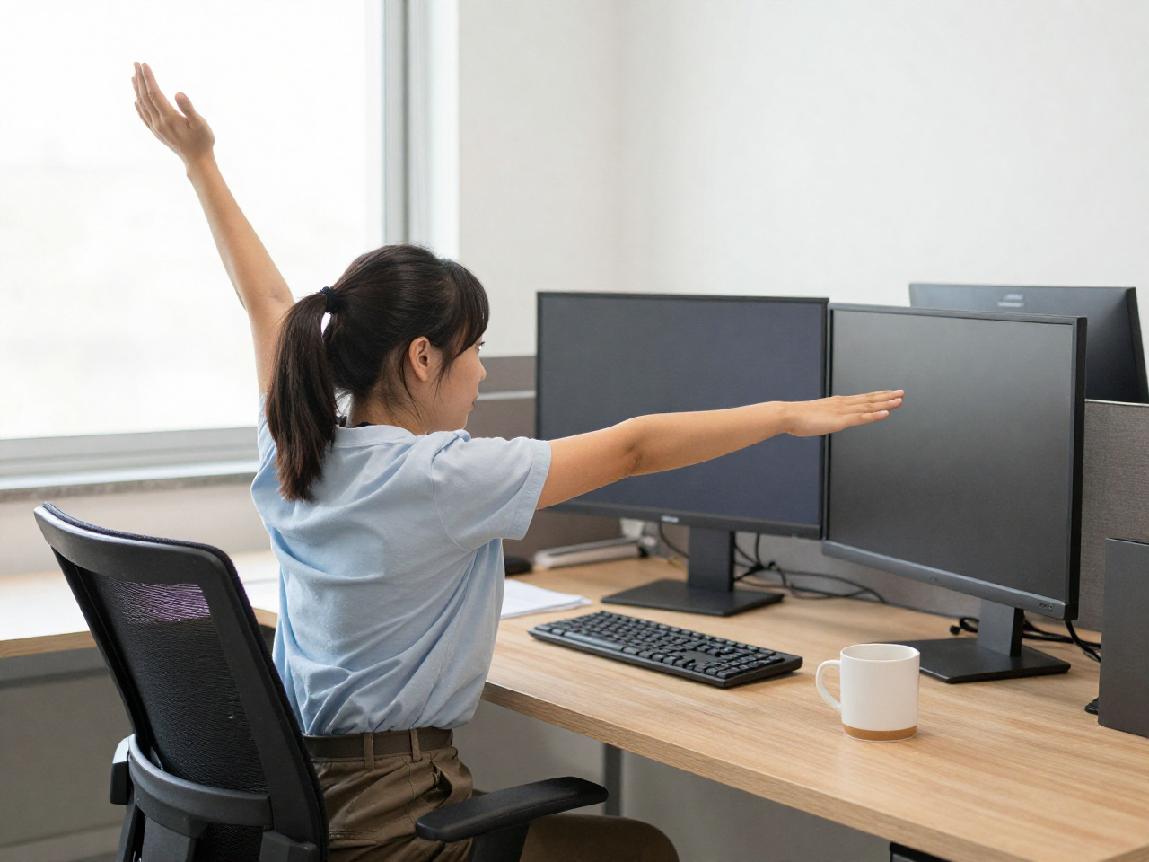 Office worker stretching at desk with Youngchradiantae coach